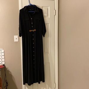 Long black dress with gold buttons